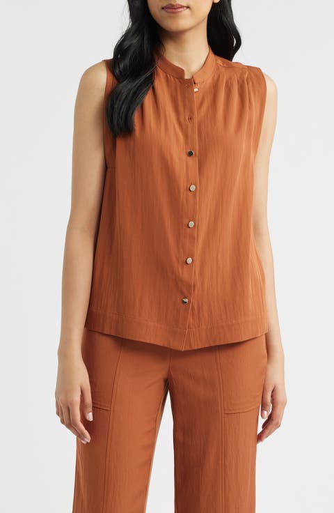 Pleated Sleeveless Button-Up Shirt (Regular & Petite)