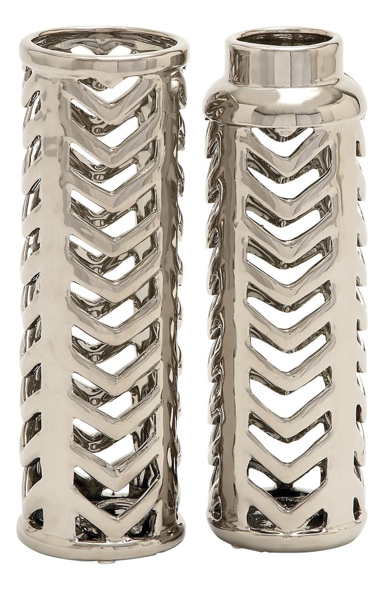 VIVIAN LUNE HOME Silver Ceramic Vase with Chevron Patterns - Set of 2, Main, color, 