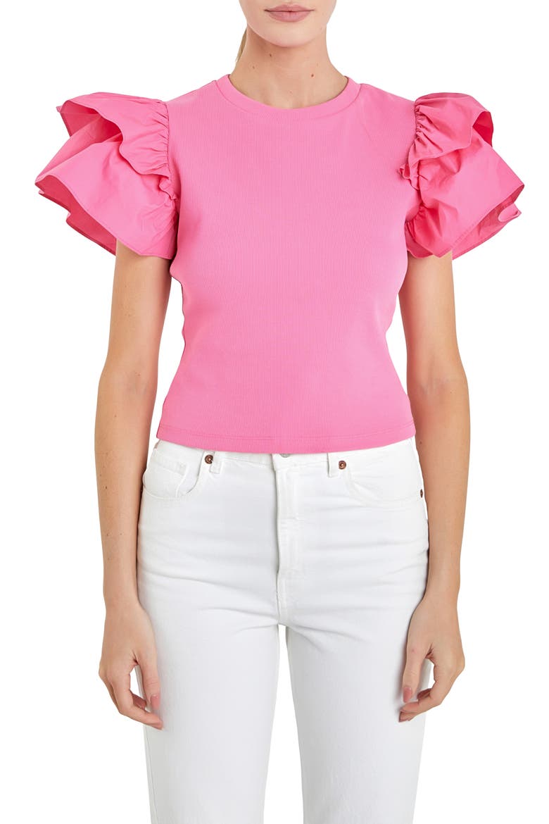 Mix Media Ruffle Sleeve Cotton Rib Top, Alternate, color, PINK