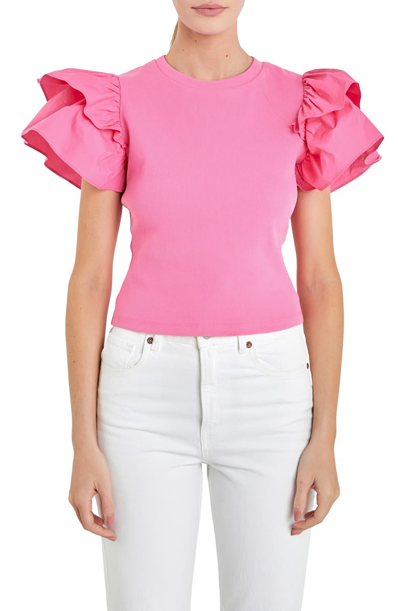 English Factory Mix Media Ruffle Sleeve Cotton Rib Top, Alternate, color, Pink