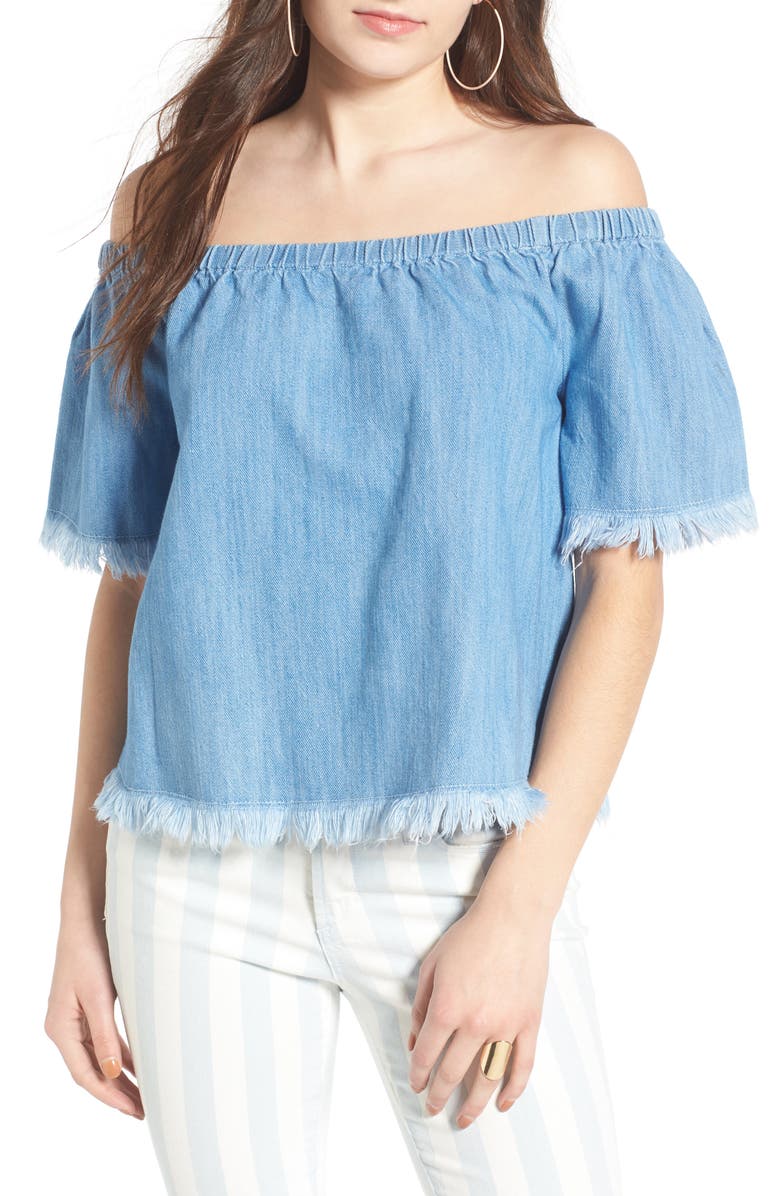 Tinsel Frayed Denim Off the Shoulder Top, Main, color, 