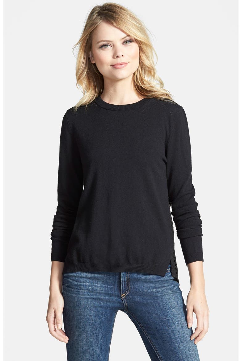 Mixed Media Eyelet Back Sweater, Main, color, BLACK