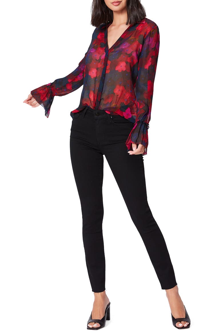 Abriana Floral Print Long Sleeve Silk Shirt, Alternate, color, BLKMULT