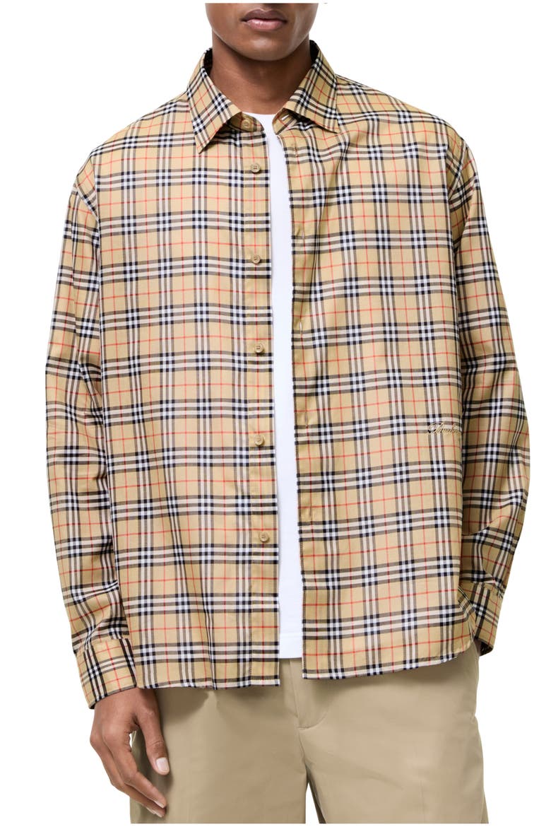 Relaxed Fit Check Cotton Shirt, Main, color, Sand beige