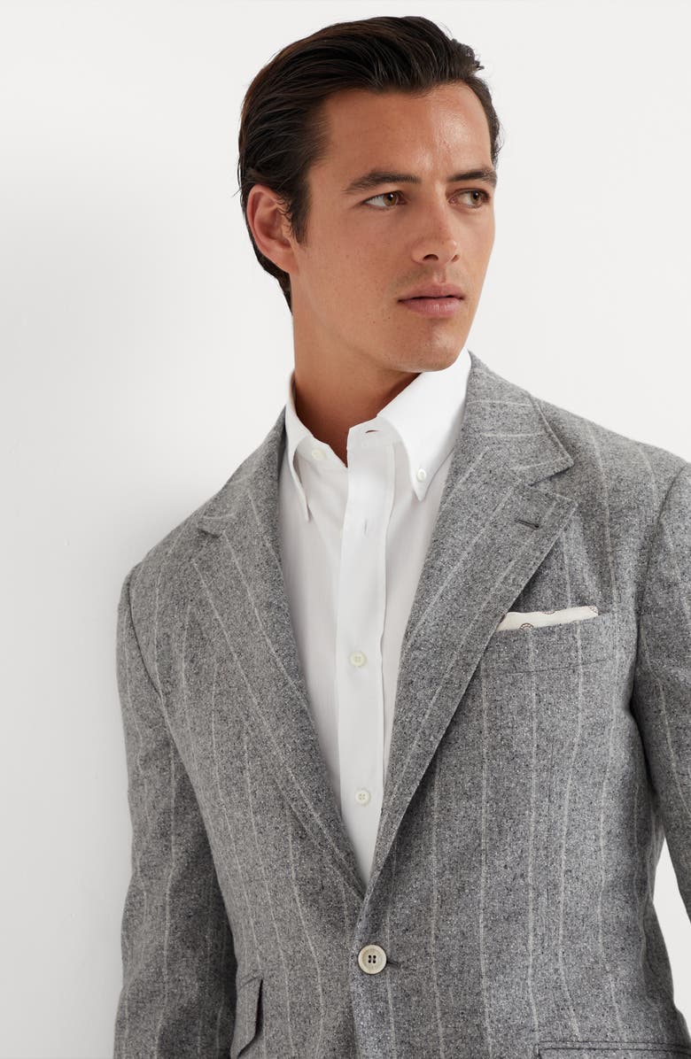 Brunello Cucinelli Flecked silk, wool and cashmere chalk stripe flannel deconstructed Cavallo blazer, Alternate, color, 