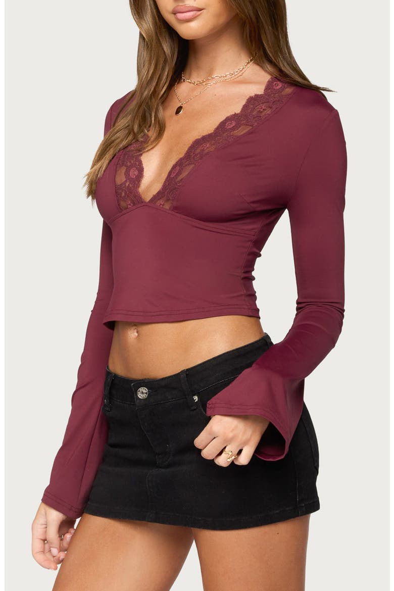Tina Lace Trim Plunge Neck Top, Alternate, color, BURGUNDY
