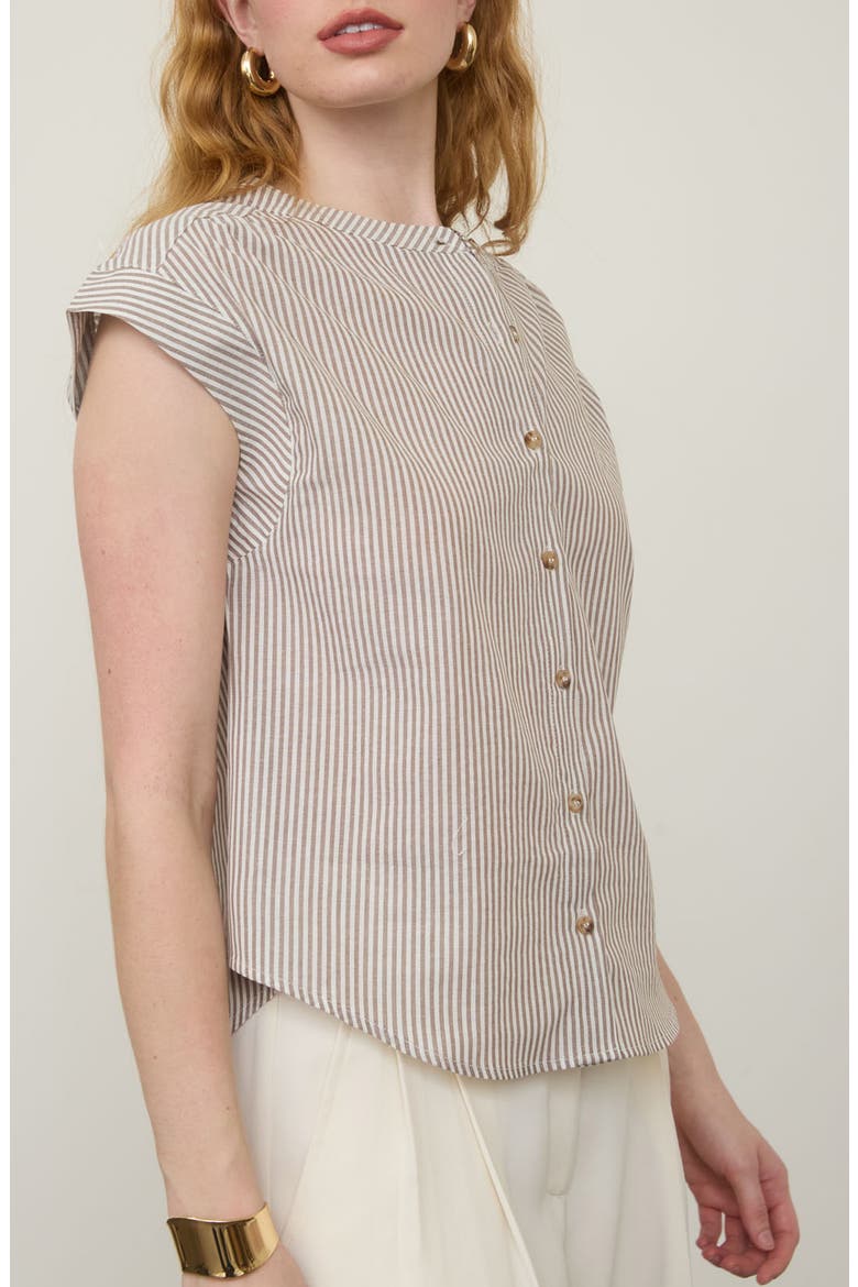 Stripe Cap Sleeve Button-Up Top, Alternate, color, BROWN