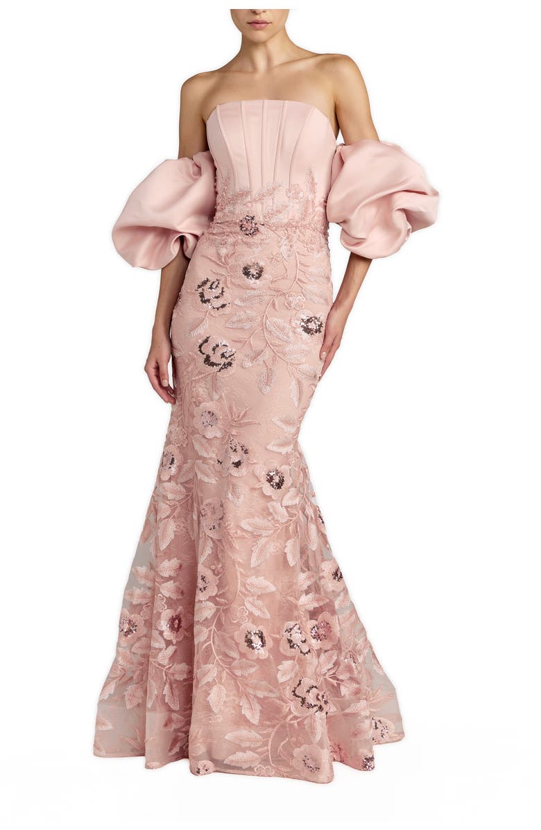 Mac Duggal Satin Off The Shoulder Embroidered Mermaid Gown, Main, color, Rose