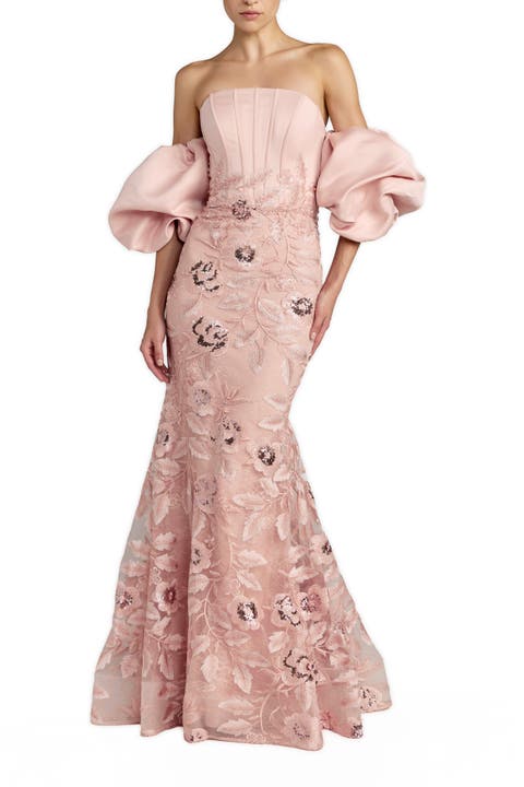 Satin Off The Shoulder Embroidered Mermaid Gown