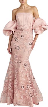 Mac Duggal Satin Off The Shoulder Embroidered Mermaid Gown