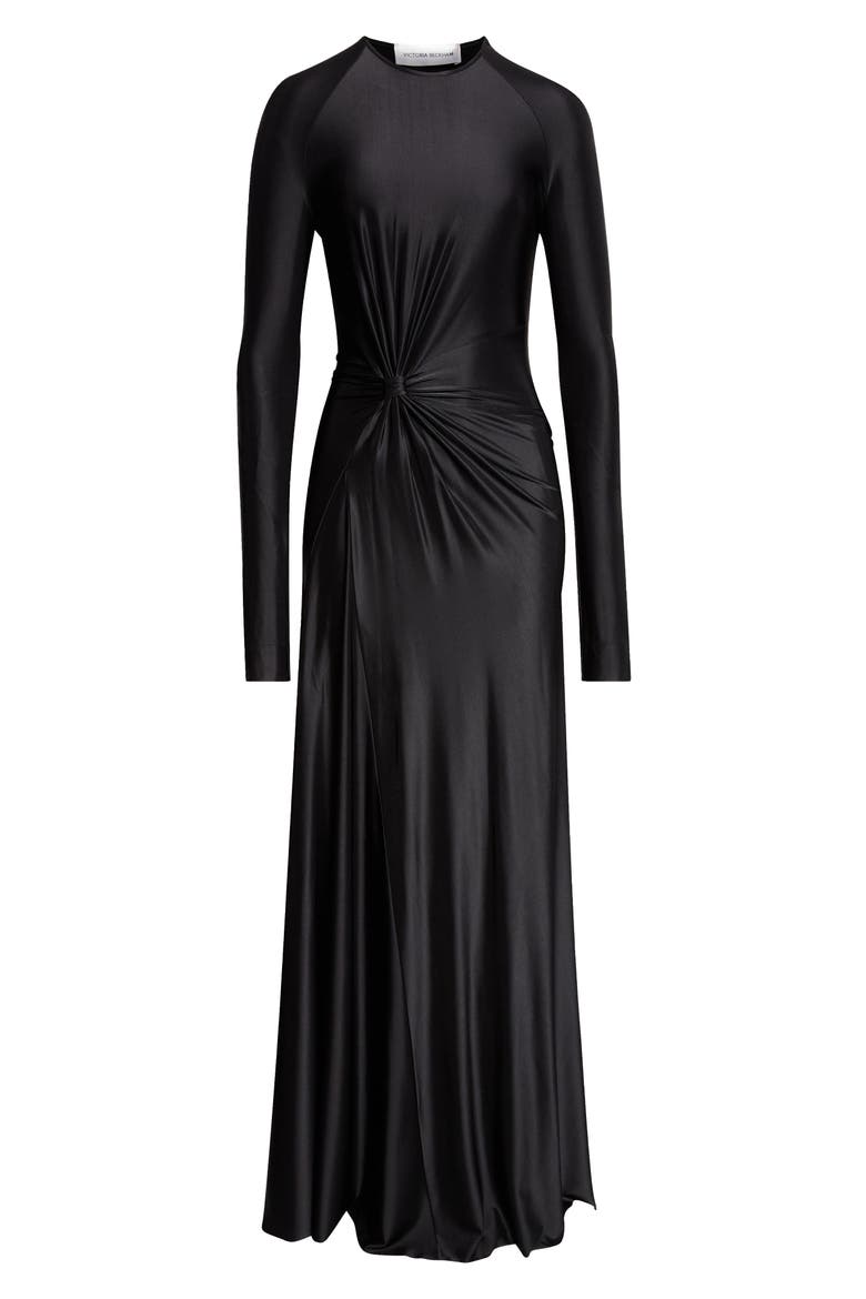 Twist Waist Long Sleeve Jersey Gown, Alternate, color, BLACK
