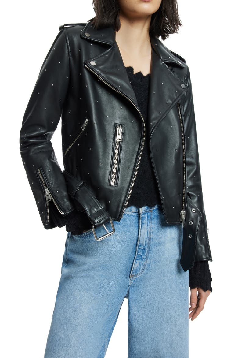 Balfern Studded Leather Biker Jacket, Main, color, BLACK