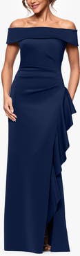 Xscape Evenings Ruffle Off the Shoulder Scuba Knit Gown