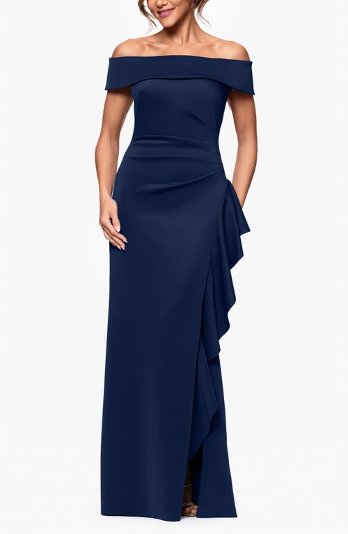 Xscape Evenings Ruffle Off The Shoulder Scuba Gown In Midnight