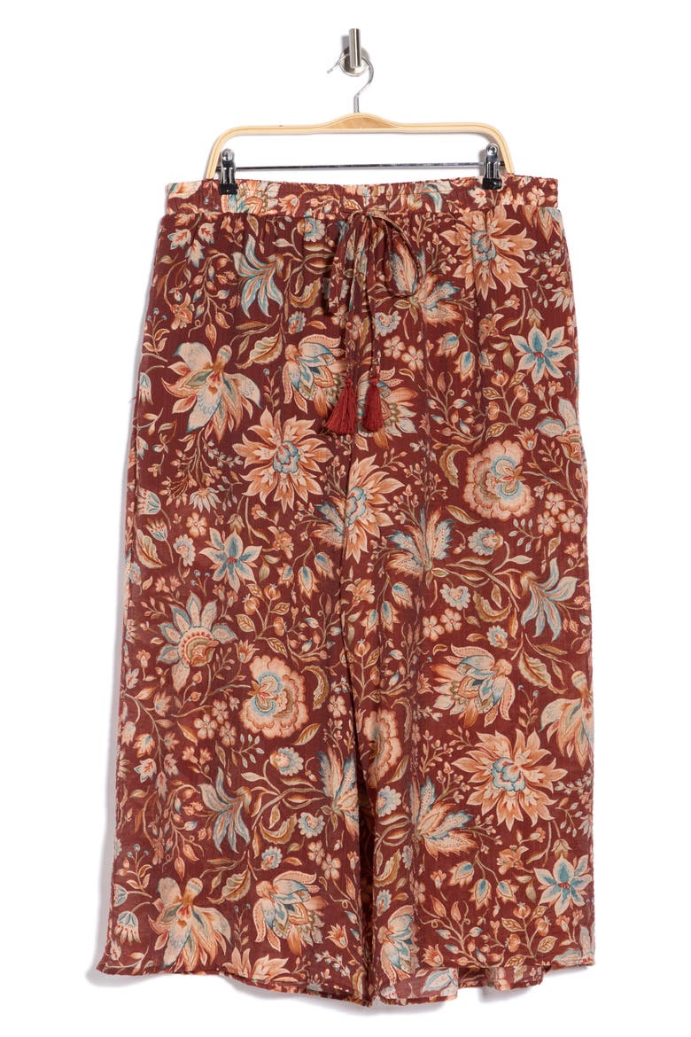 Floral Drawstring Waist Crop Wide Leg Pants, Alternate, color, RUSSET BROWN-235