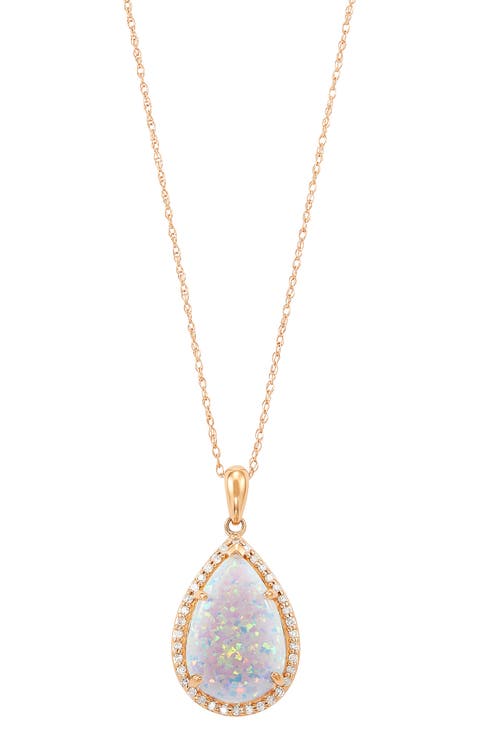 10K Yellow Gold Lab Grown Opal & Diamond Halo Pendant Necklace
