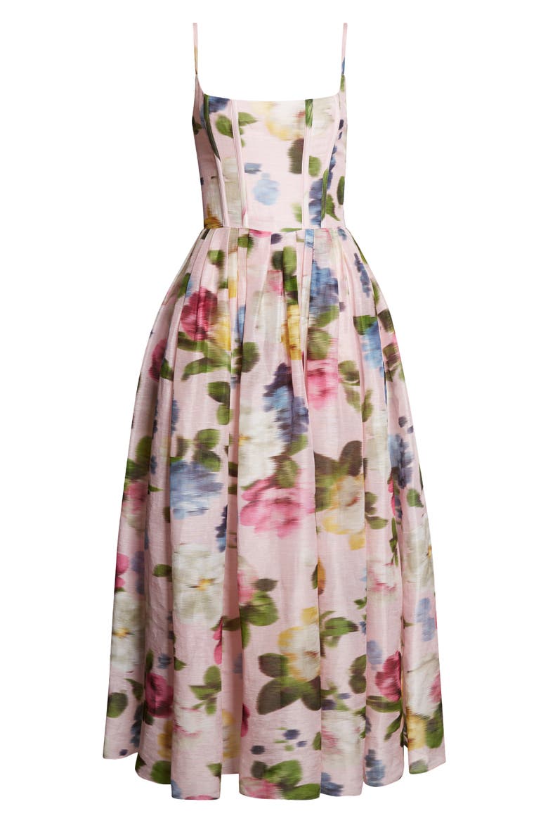 Chiné Floral Print Linen & Silk Corset Midi Dress, Alternate, color, ROSEWATER MULTI