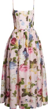Carolina Herrera Chiné Floral Print Linen & Silk Corset Midi Dress