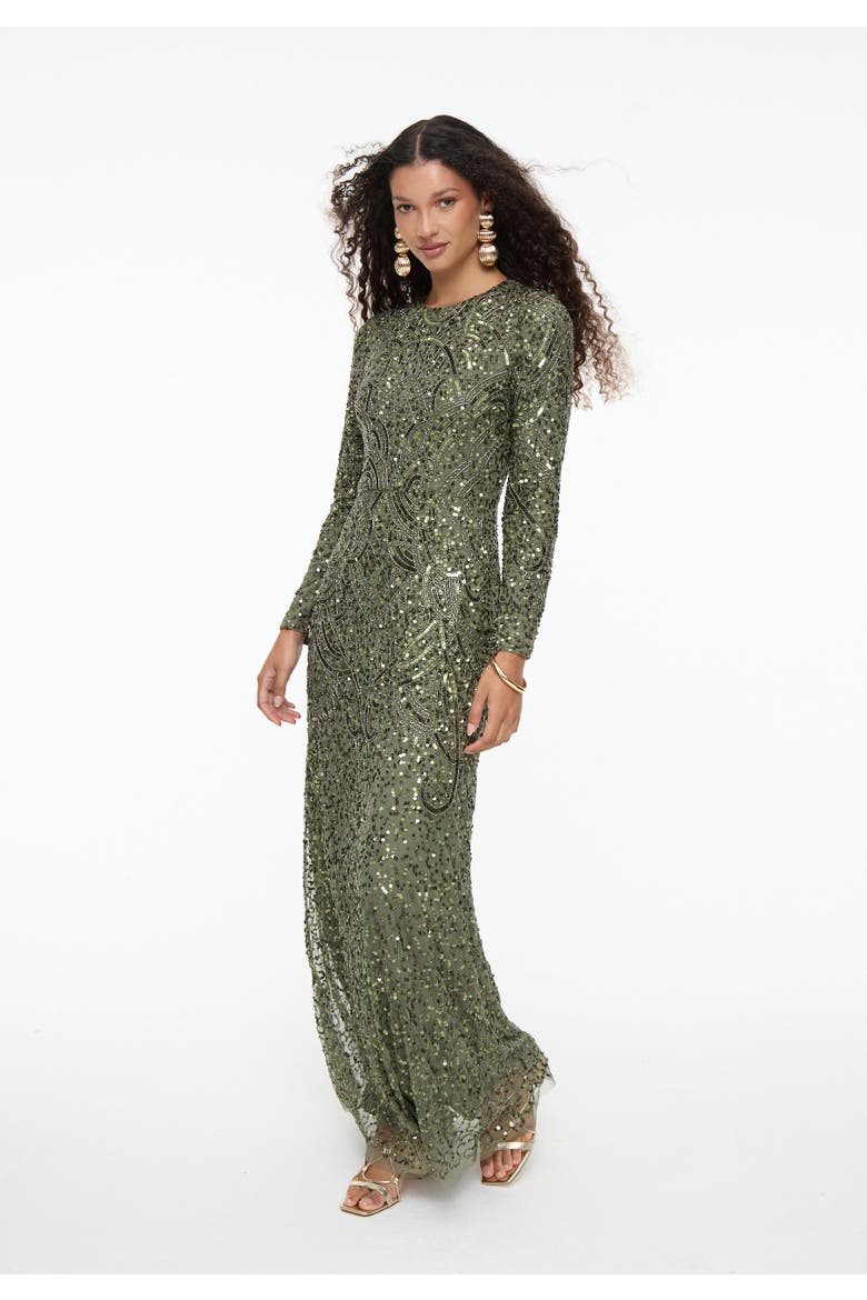 Modest Embellished Sequin Beaded Maxi Dress, Alternate, color, OLIVE