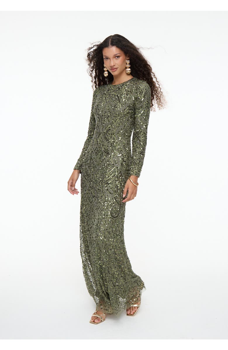 MARYISA Modest Embellished Sequin Beaded Maxi Dress, Alternate, color, Olive
