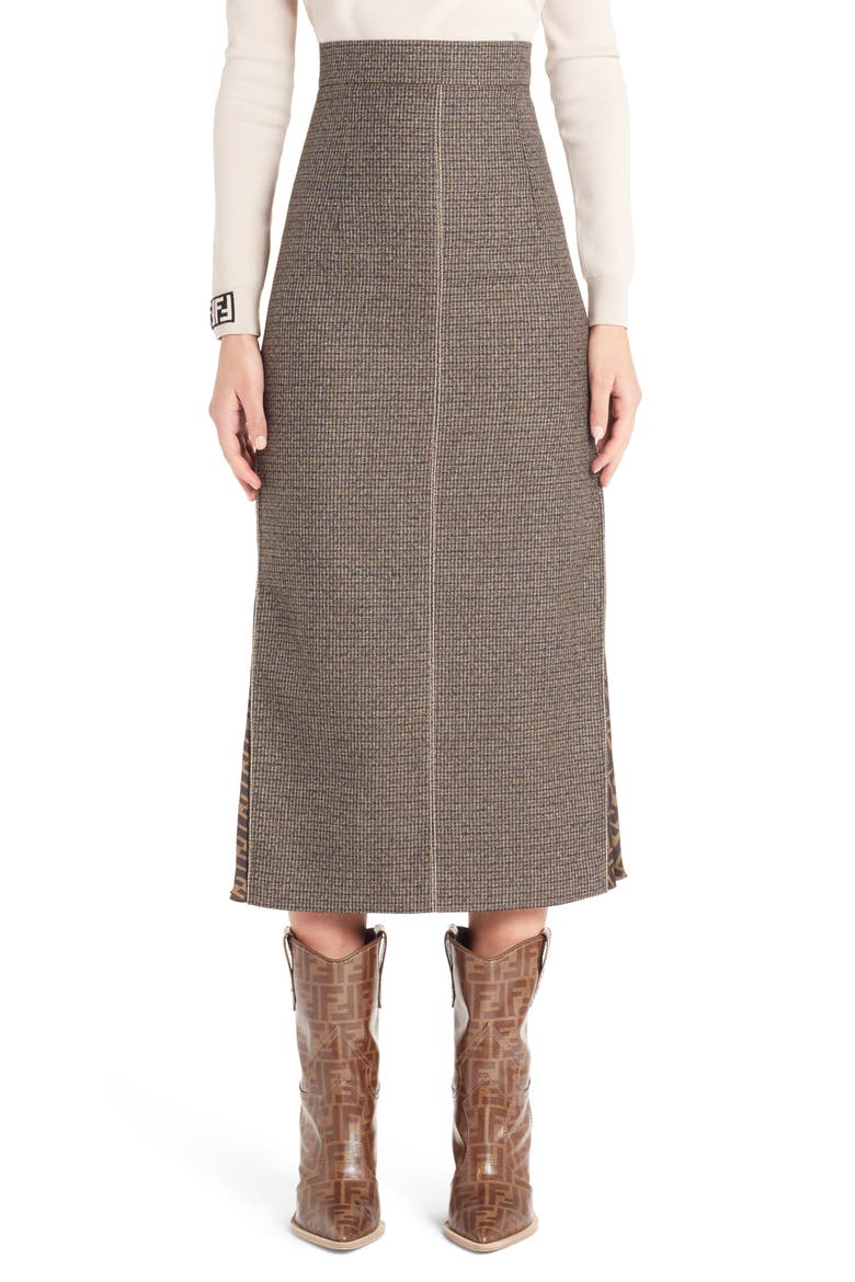 Silk Logo Godet Stretch Wool Skirt, Main, color, GREY