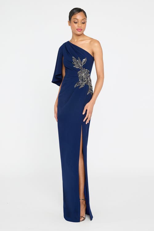 Theia Giuliana Embellished Crepe Column Gown In Blue