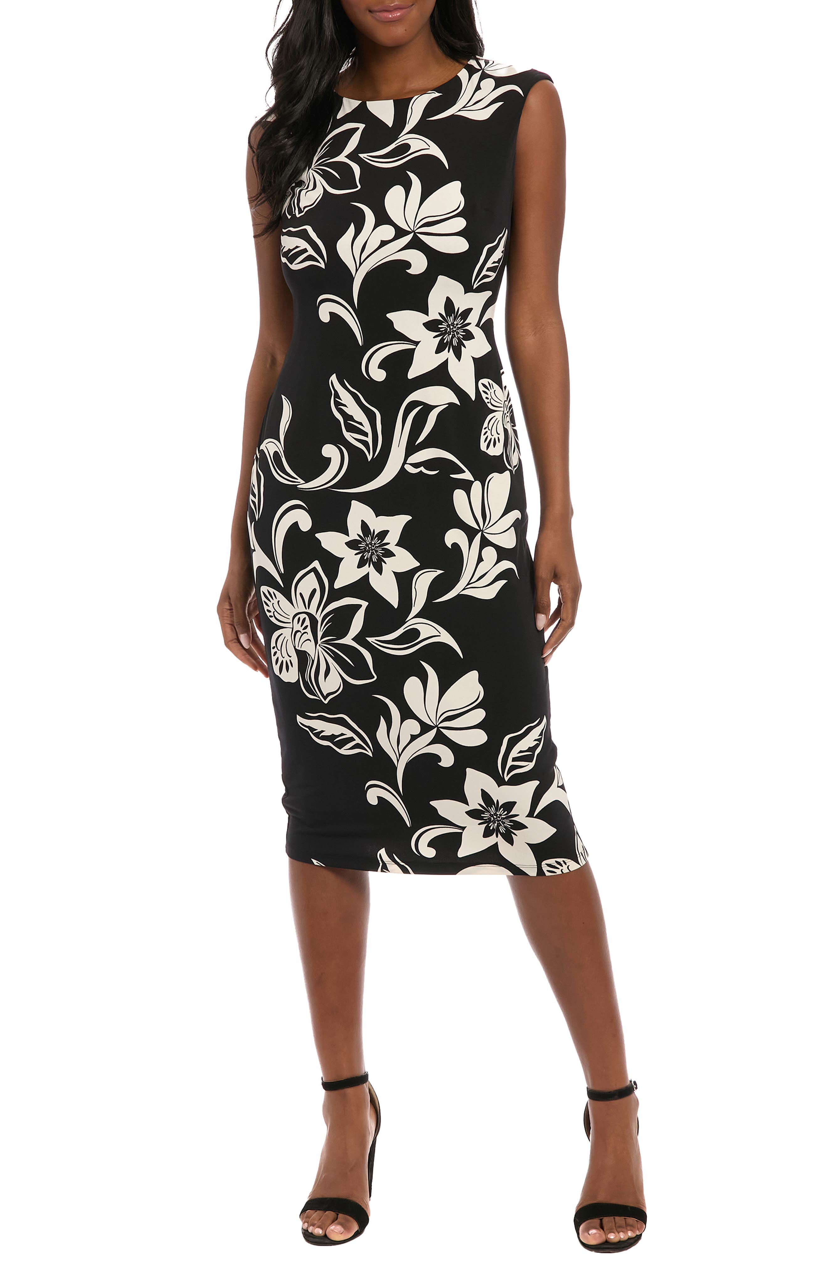 London Times Floral Sleeveless Midi Sheath Dress