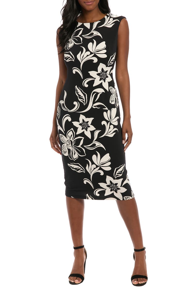 London Times Floral Sleeveless Midi Sheath Dress, Main, color, Black/ Ivory