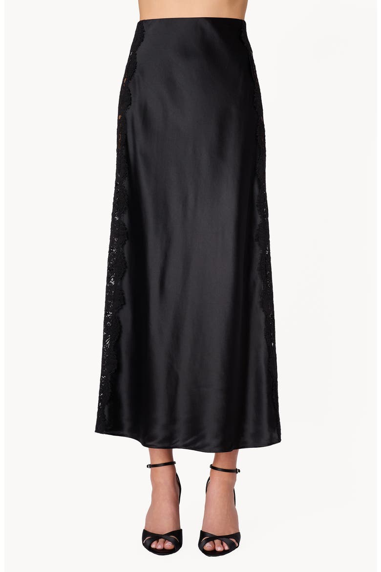 Darcel Lace Detail High Waist Silk Midi Skirt, Main, color, BLACK