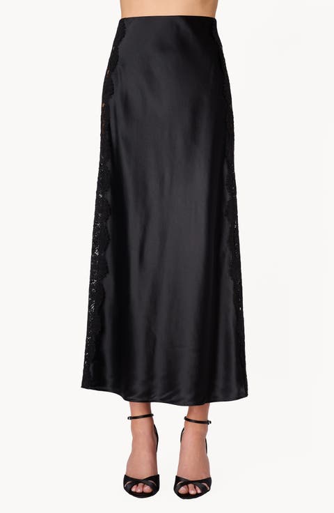 Darcel Lace Detail High Waist Silk Midi Skirt