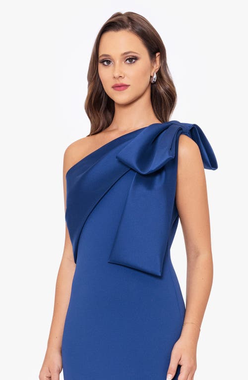 Betsy & Adam Satin Bow Crepe Mermaid Gown In Blue