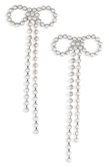 Open Edit Micro Faux Pearl Bow Drop Earrings In White- Hematite