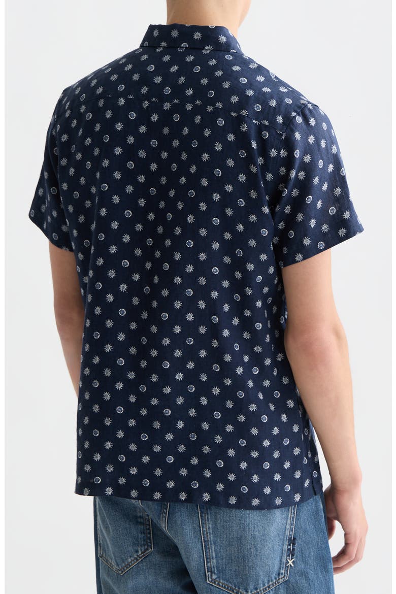Star Flower Print Short Sleeve Linen Button-Up Shirt, Alternate, color, FOULARD DRESS BLUES