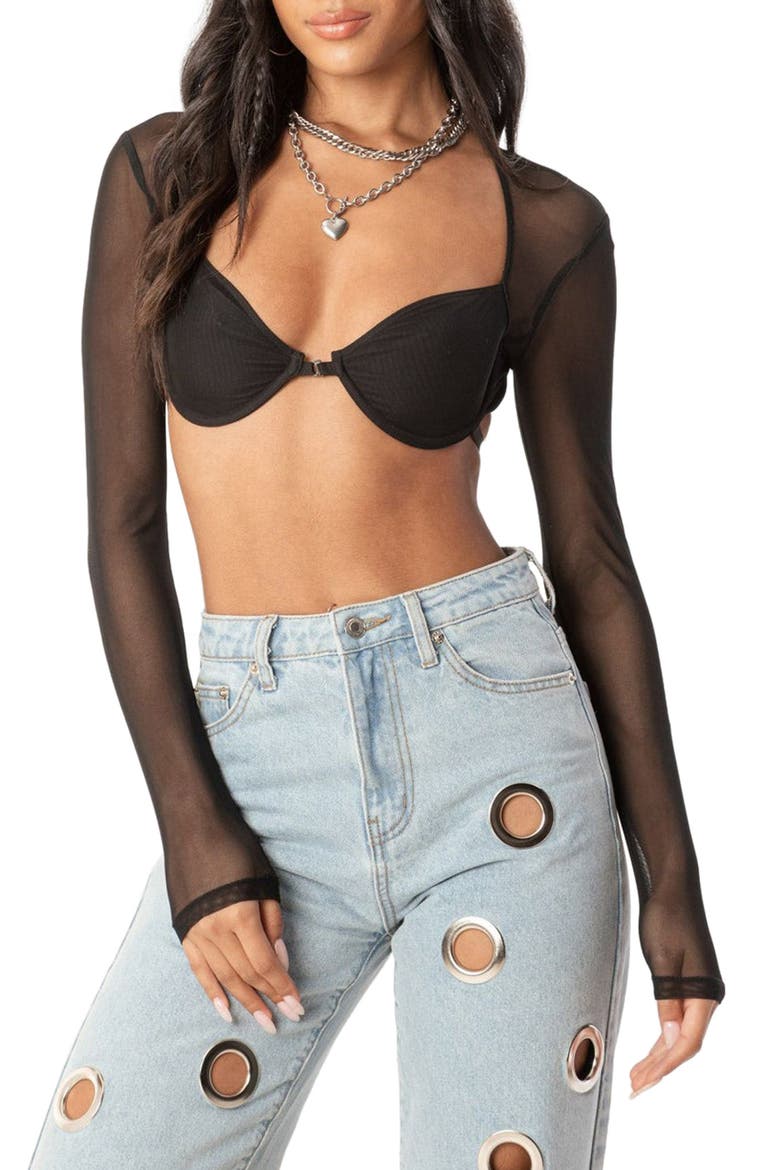 Lin Mesh Long Sleeve Bra Top, Main, color, BLACK