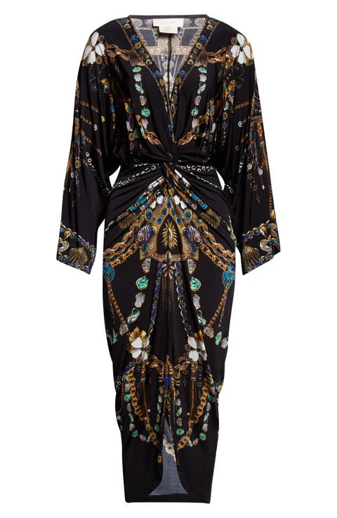 Amulets & Alchemy Print Twist Front Long Sleeve Jersey Dress