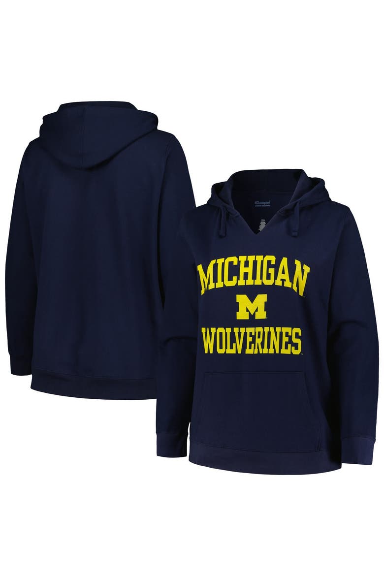 Women's Champion Navy Michigan Wolverines Plus Size Heart & Soul Notch Neck Pullover, Main, color, Navy