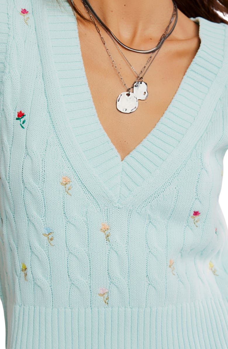 Free People Plumeria Floral Embroidered Cable Stitch Vest, Alternate, color, Blue Glass Combo