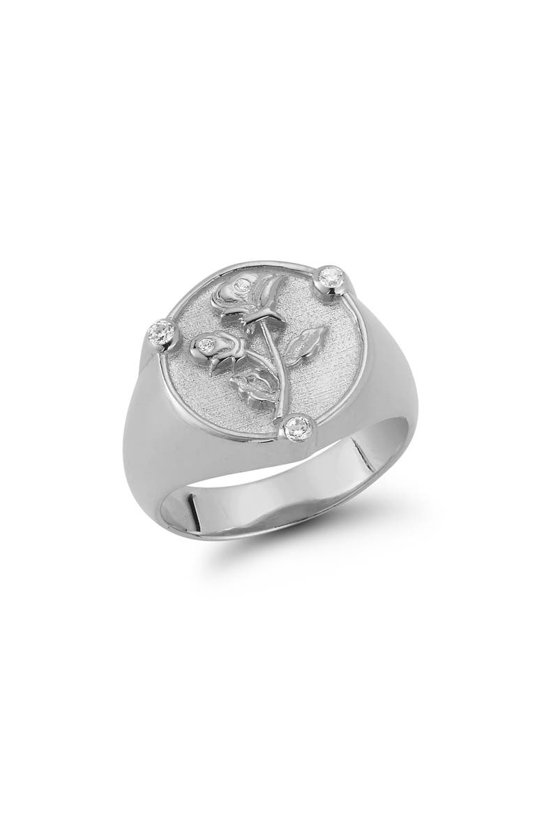 Cubic Zirconia Rose Signet Ring, Main, color, SILVER