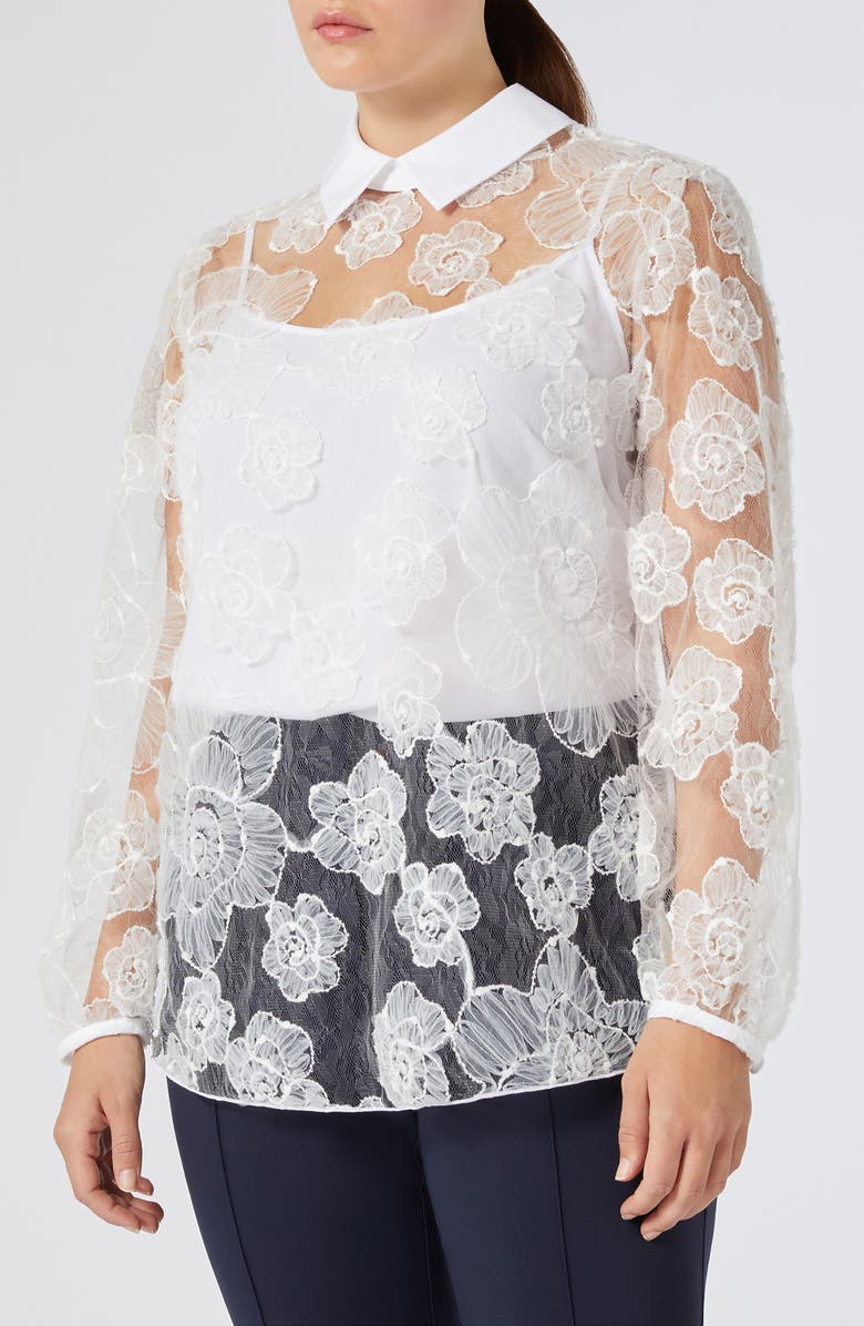 Marina Rinaldi Godezia Embroidered Lace Shirt, Main, color, Optical White
