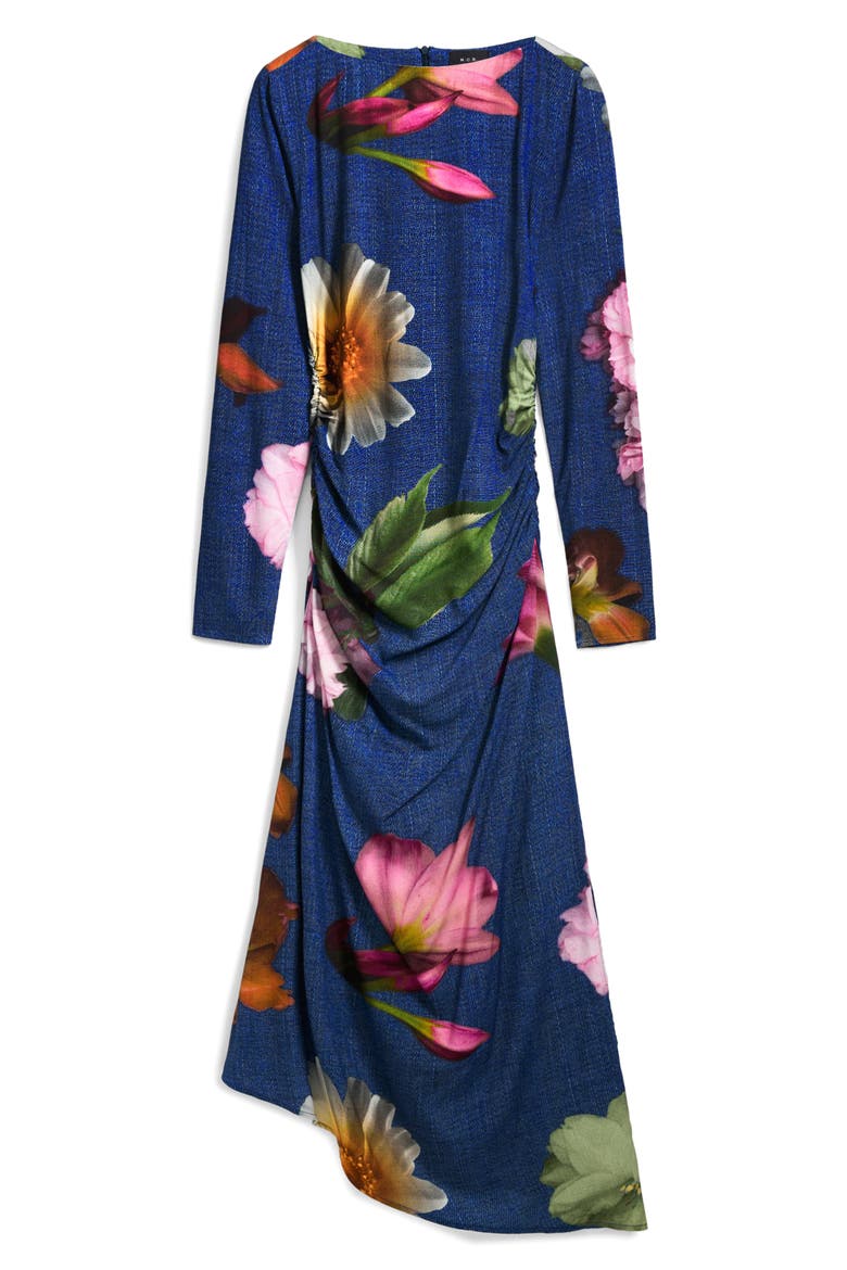 Floral Print Ruched Long Sleeve Maxi Dress, Alternate, color, DARK BLUE