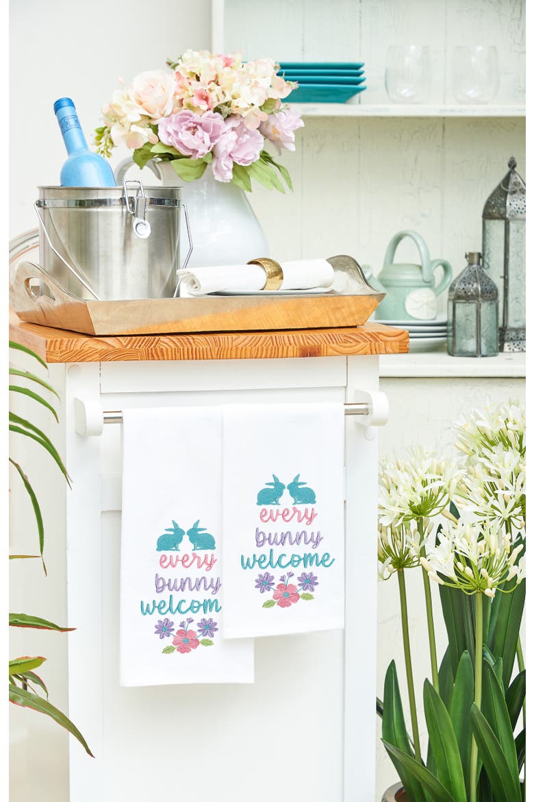 "Every Bunny Welcome" Spring Easter Rabbit Embroidered Cotton Flour Sack Kitchen Dishtowel, Alternate, color, White