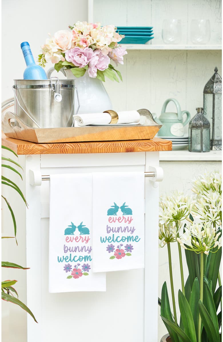 C&F Home "Every Bunny Welcome" Spring Easter Rabbit Embroidered Cotton Flour Sack Kitchen Dishtowel, Alternate, color, White