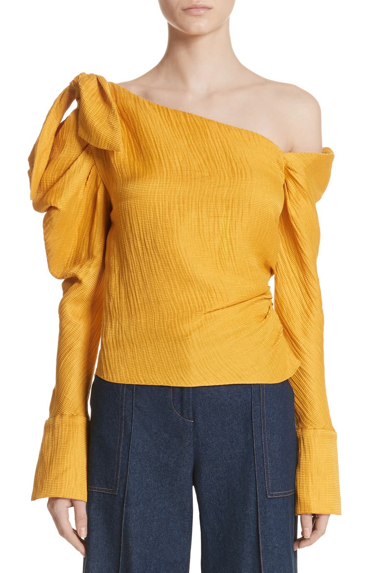 Phacelia Asymmetrical Silk & Linen Bow Sleeve Top, Main, color, MARIGOLD