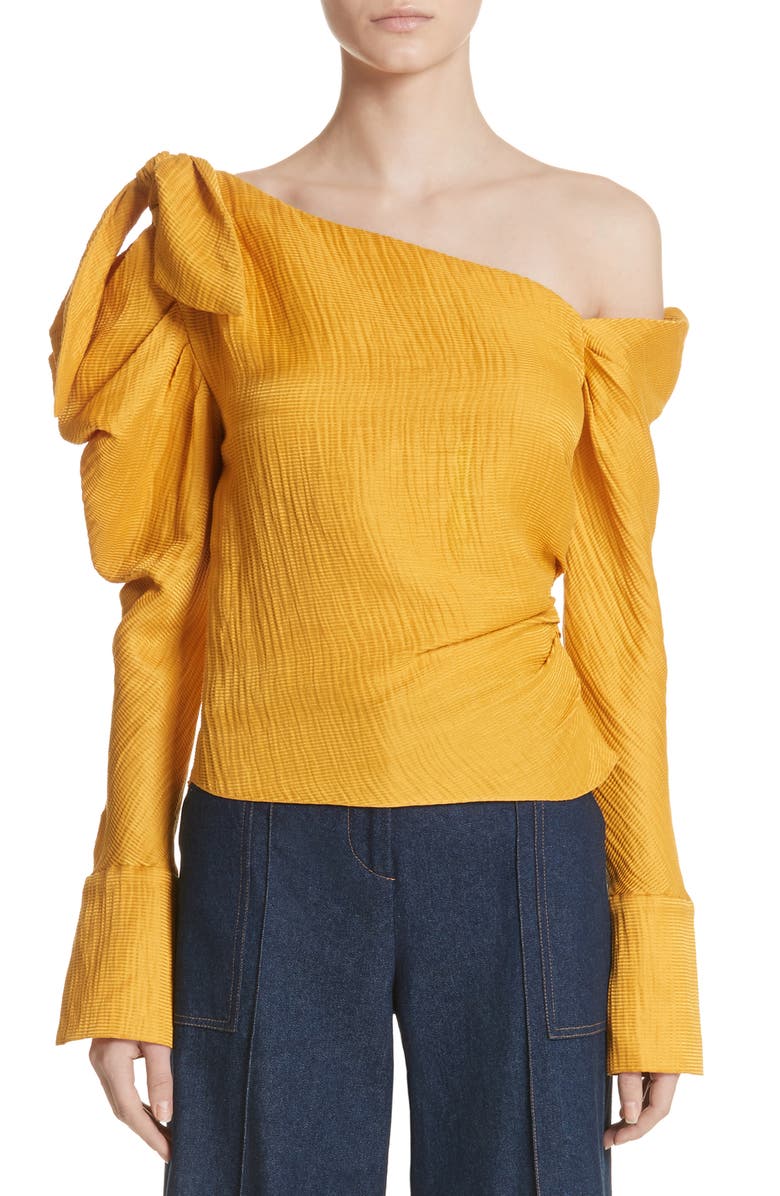 Hellessy Phacelia Asymmetrical Silk & Linen Bow Sleeve Top, Main, color, 