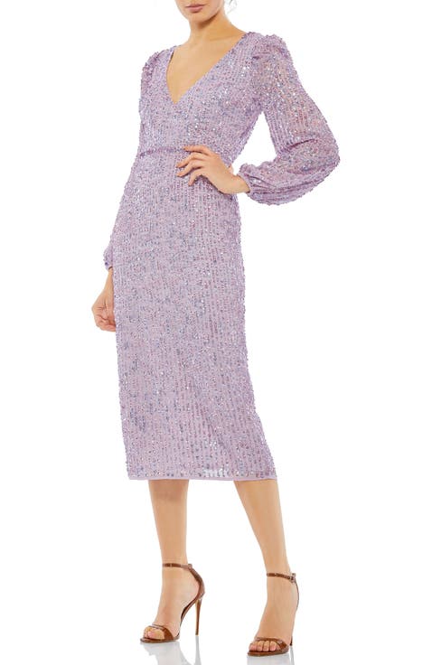 Sequin Faux Wrap V Neckline Cocktail Dress with Puff-Shoulder Sleeves