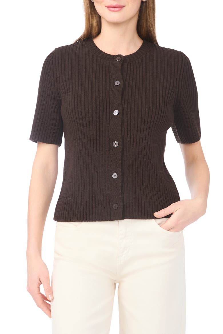 Ribbed Short Sleeve Cardigan, Main, color, CHOCOLATE