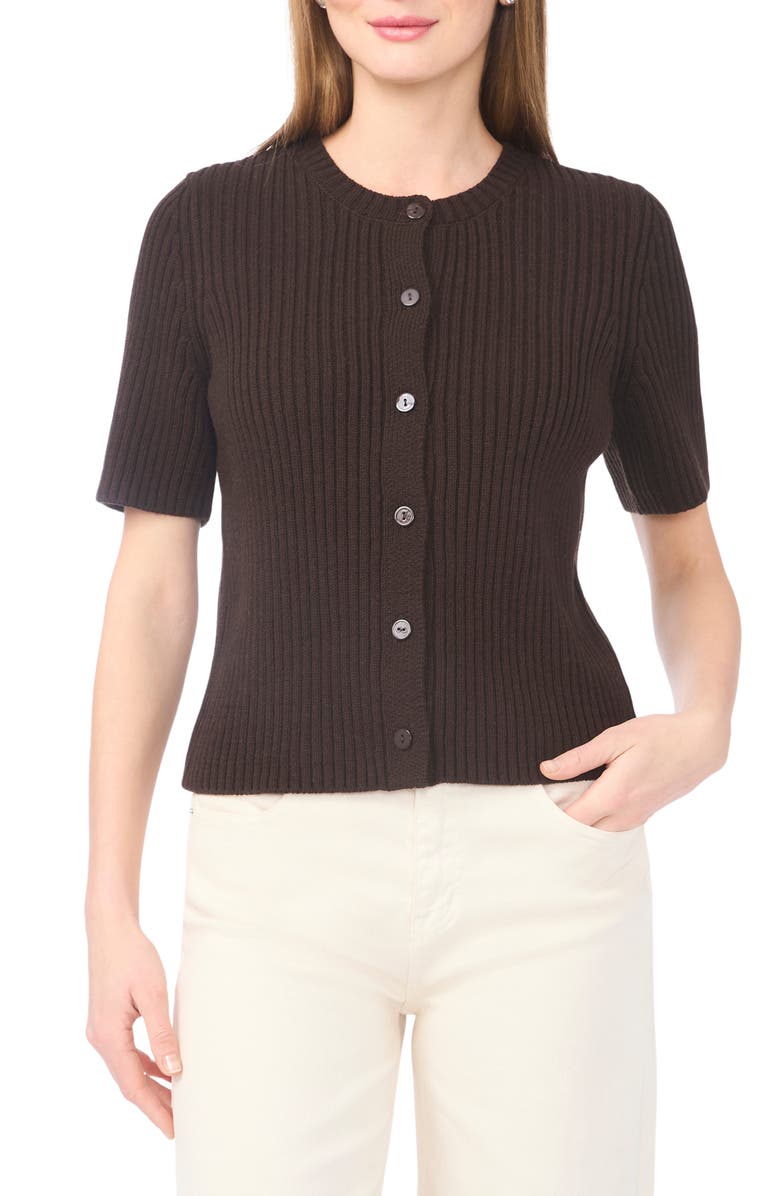 Halogen<sup>®</sup> Ribbed Short Sleeve Cardigan, Main, color, Chocolate