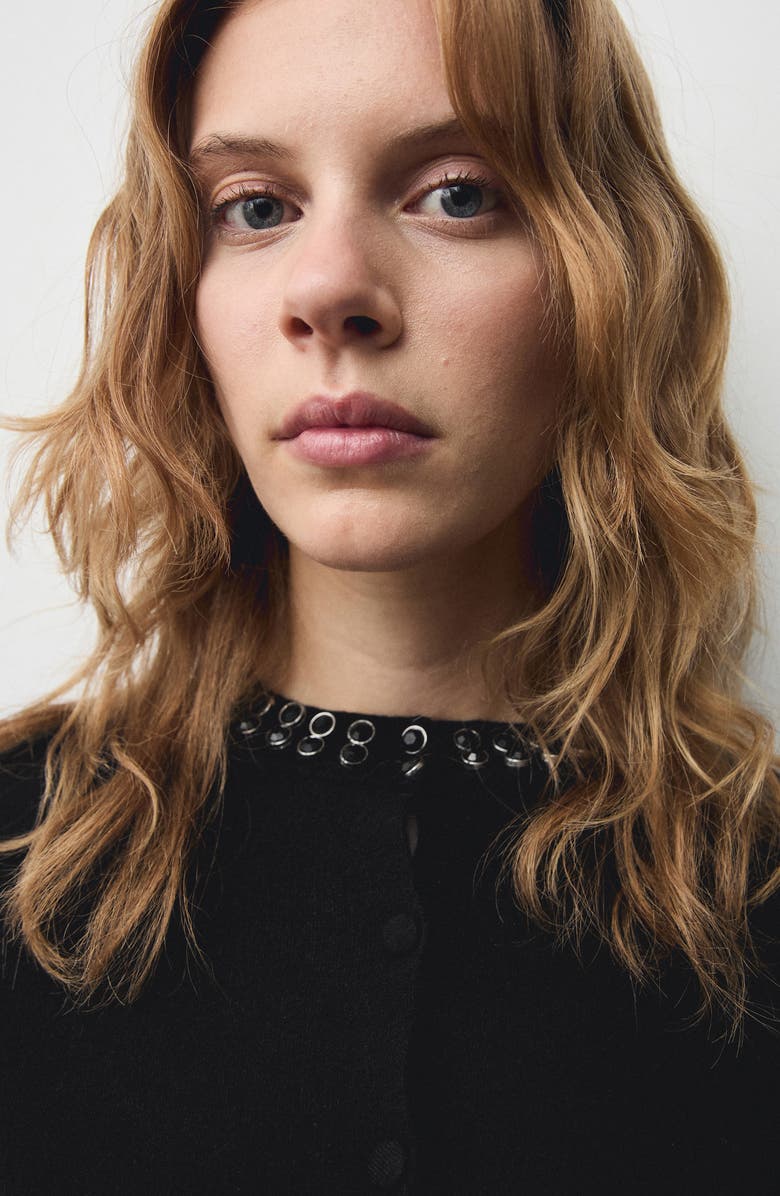 MANGO Rhinestone Collar Cardigan, Alternate, color, Black