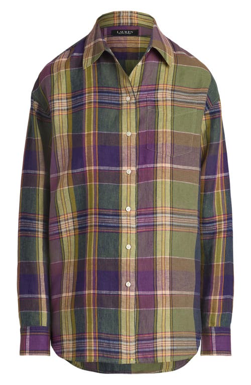 Shop Ralph Lauren Lauren  Plaid Relaxed Fit Linen Button-up Shirt In Purple/green Multi