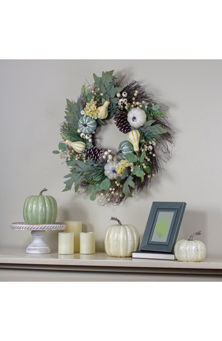 Northlight Pumpkins, Gourds and Pinecones Artificial Fall Harvest Twig Wreath - 22", Alternate, color, Green